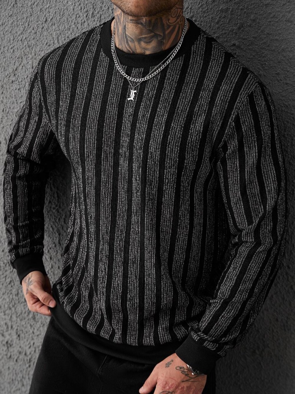 Black Casual Men's Striped Crew Neck Long Sleeve Casual Pullover Sweatshirt